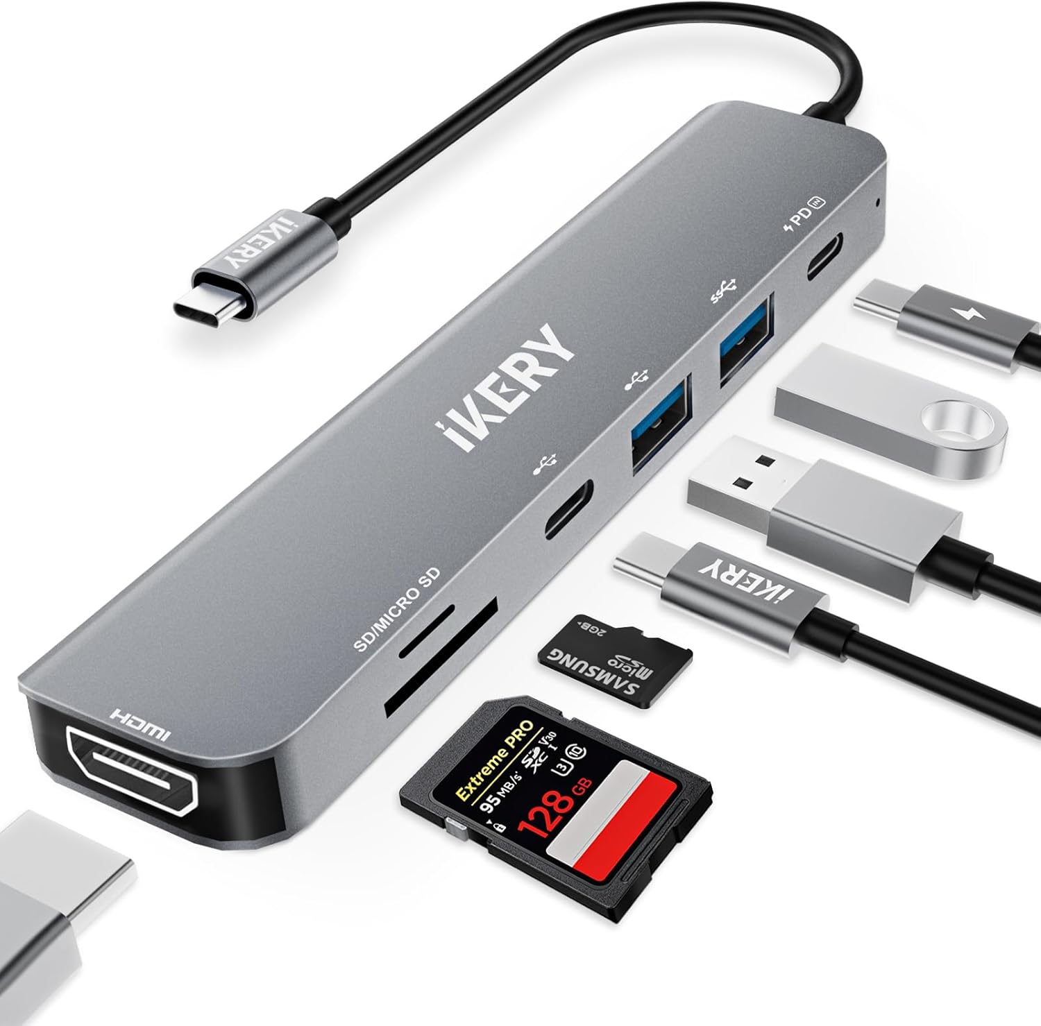 IKERY 7in1 USB C Hub Multiport Adapter with 4K HDMI,5Gbps USB-A Data Ports 100W PD,SD/TF,USB 3.0, Aluminum Docking Station for MacBook M1/M2,iPhone 15 Pro Series,iPad and Laptops