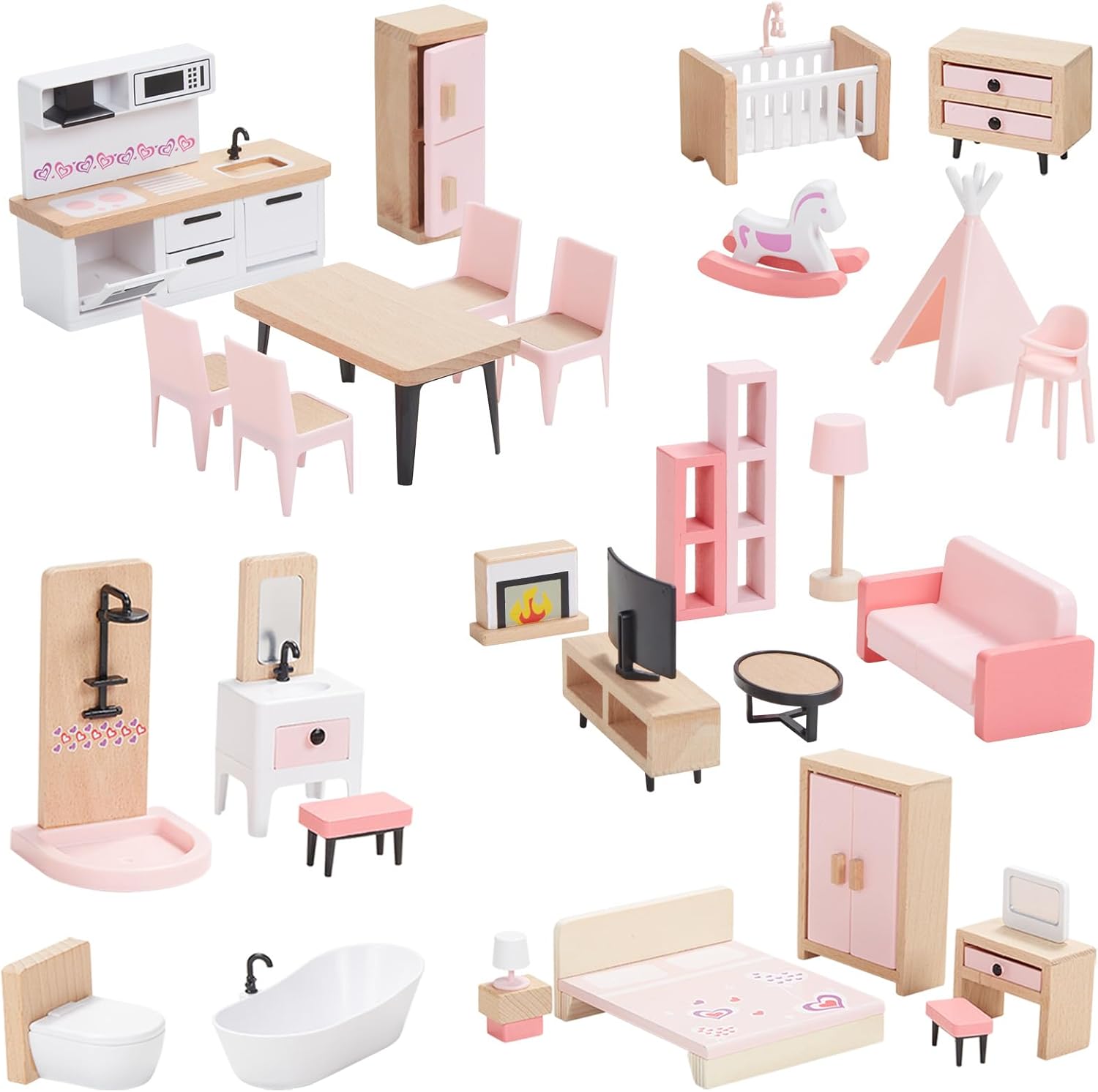 Giant bean Wooden Dollhouse Furniture Set, 32pcs Furnitures, Dollhouse Accessories Pretend Play Furniture Toys for Boys Girls & Toddlers 3Y+, Pink