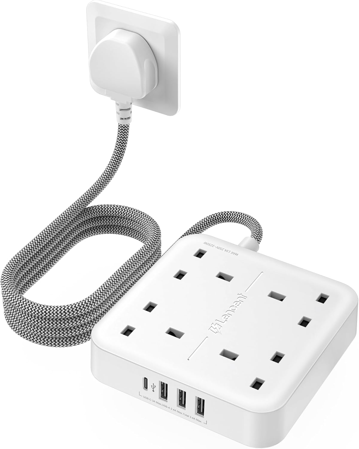 LENCENT Extension Lead with 4 Way Outlets, 3250W 13A Power Strip, 1.8M Braided Extension Cord, 1 USB-C and 3 USB Slots, Multi Power Plug Extension for Home and Office, White