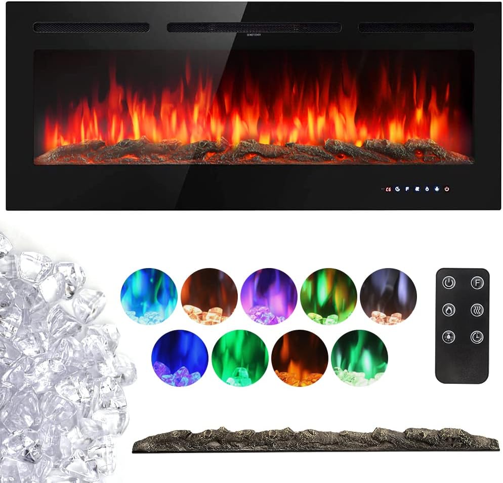 INMOZATA Electric Fireplace Wall Mounted Recessed 60inch Electric Fire Heating Insert into Wall Electric Fire Heater Touch Remote Control 9 LED Color Flame Effect, Crystal with Log Set(60inch)
