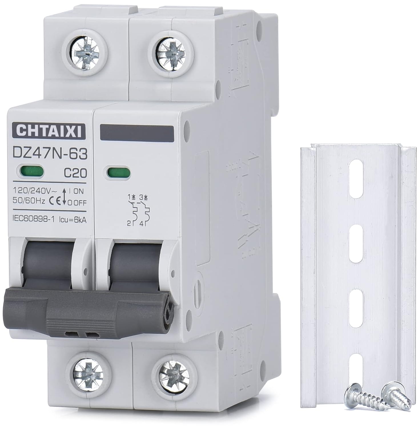 AC Miniature Circuit Breaker, 20 Amp 120V/240V 2 Pole DIN Rail Mount Circuit Breaker, Thermal Magnetic Trip, Solar AC Disconnect Switch MCB C20
