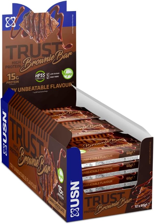 USN Trust Vegan Brownie Bar, Dark Chocolate Protein Brownie: High Protein Bars, Perfect On-the-Go & Post-Workout Protein Snacks (12 x 60g Bars per Pack)