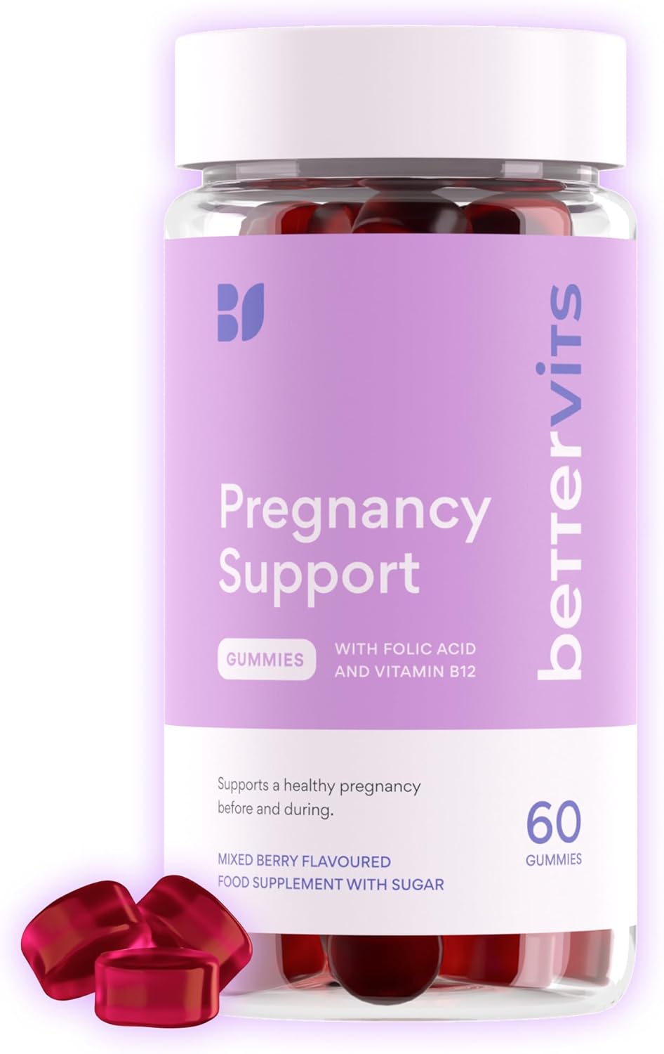Bettervits Pregnancy Support Gummies | Pregnancy Vitamins for Women with Folic Acid & Vitamin B12 | Complete Multivitamins Complex C, D, E & Zinc | Pre and After Support - 60 Berry Gummies