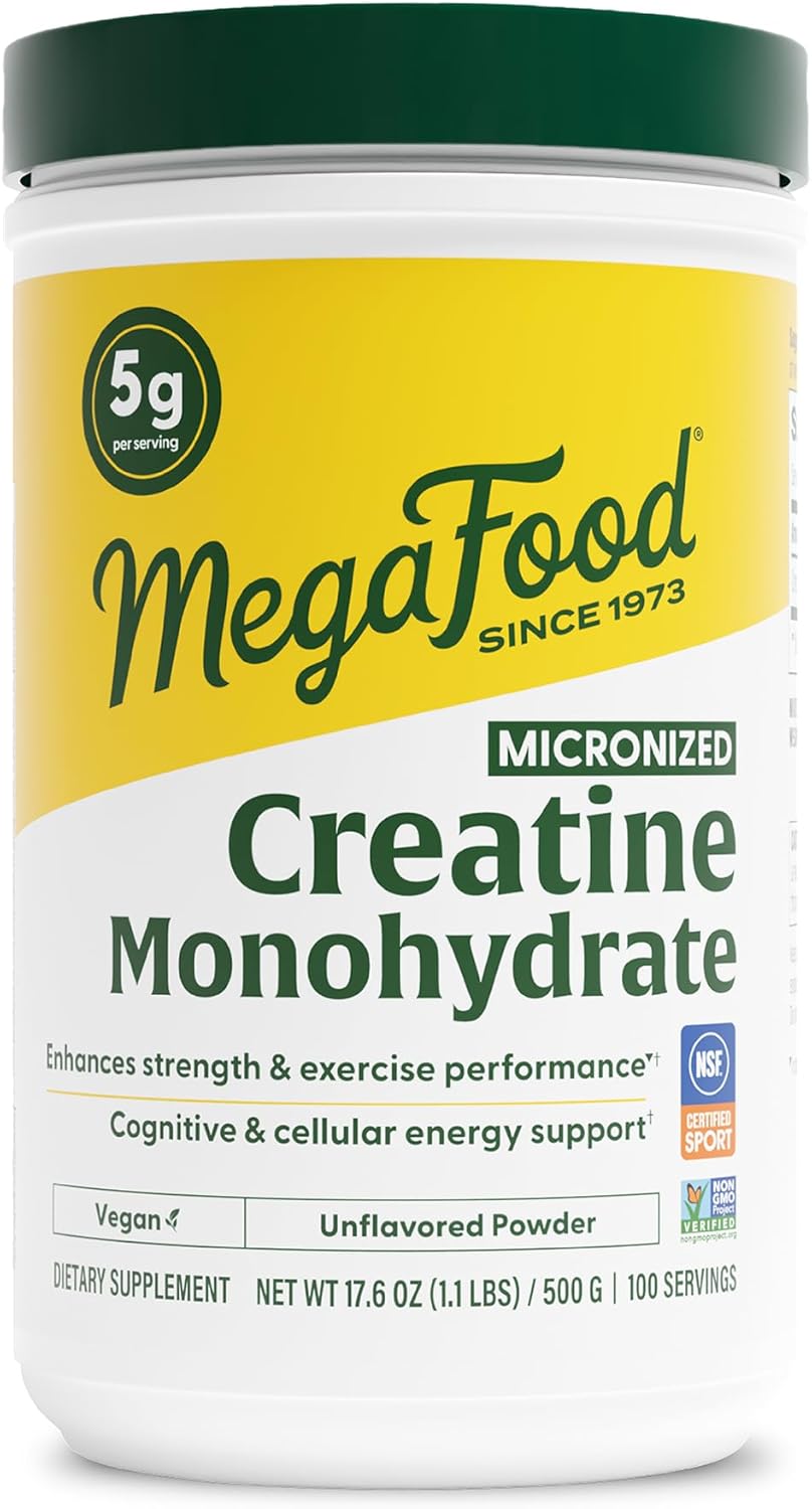 MegaFood Micronized Creatine Monohydrate Powder - Unflavored Post & Pre Workout Powder for Men & Women - Cognitive & Exercise Performance Support - NSF Certified for Sport- 500 Grams, 100 Servings