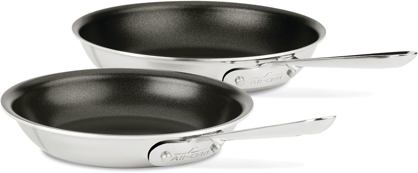 All-Clad Stainless Steel Pro Nonstick Frying Pan Set – 8 & 10 Inch Skillets, Induction Compatible, Oven & Broiler Safe to 500°F, Professional Cookware, Silver