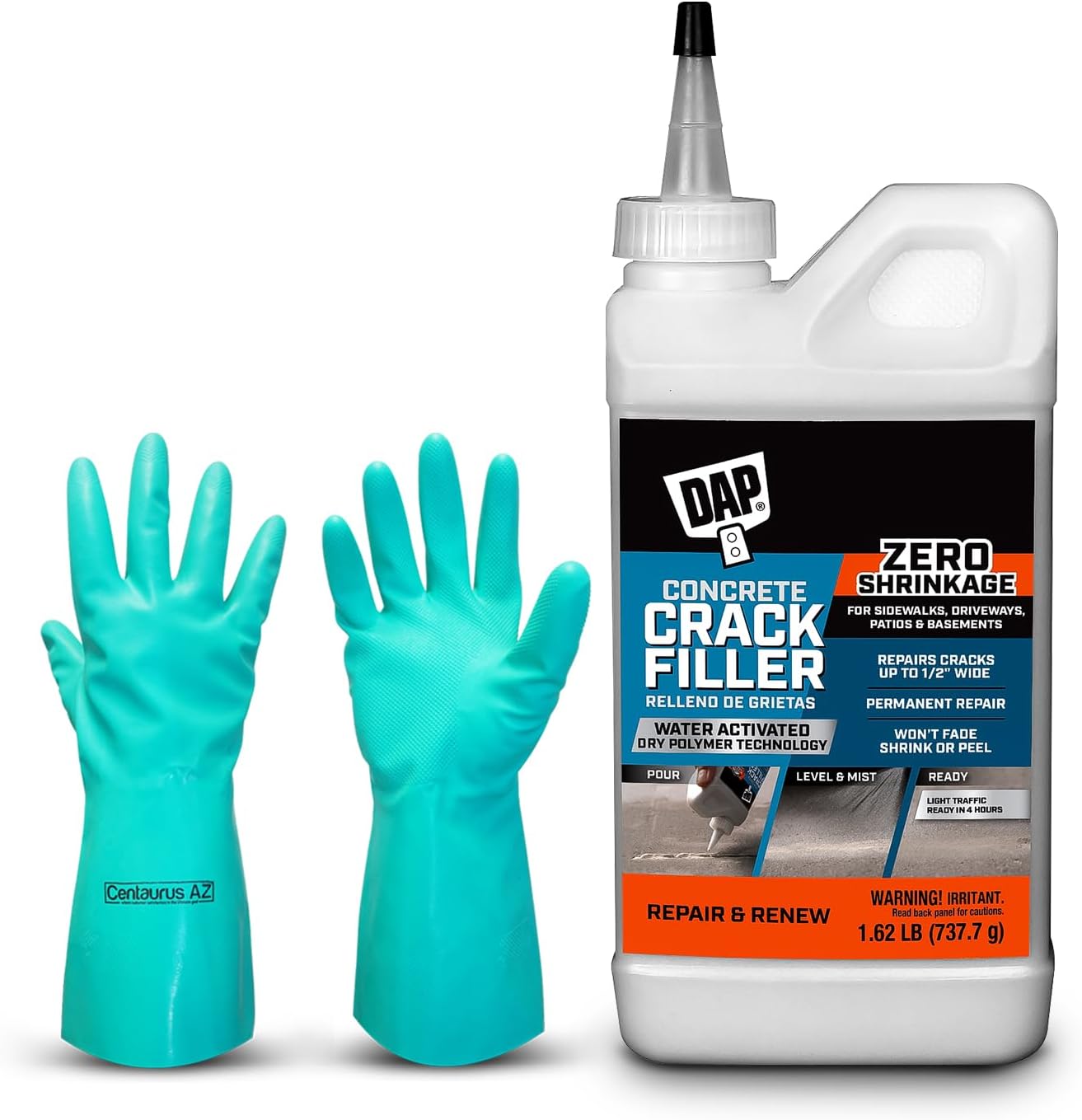 Concrete Crack Filler Outdoor - DAP - Gray Concrete Crack Filler (Dry) - 1.62 Lbs – Walkways, Patios, Basement & Driveway Crack Repair - Available with Centaurus AZ Gloves
