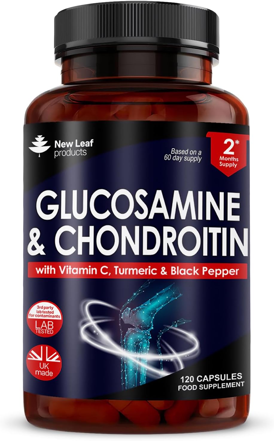 Glucosamine and Chondroitin High Strength - Enriched With Turmeric And Vitamin C - Glucosamine Sulphate Chondroitin Sulphate, Food Supplement - Contributes To The Normal Function of Bones 120 Capsules