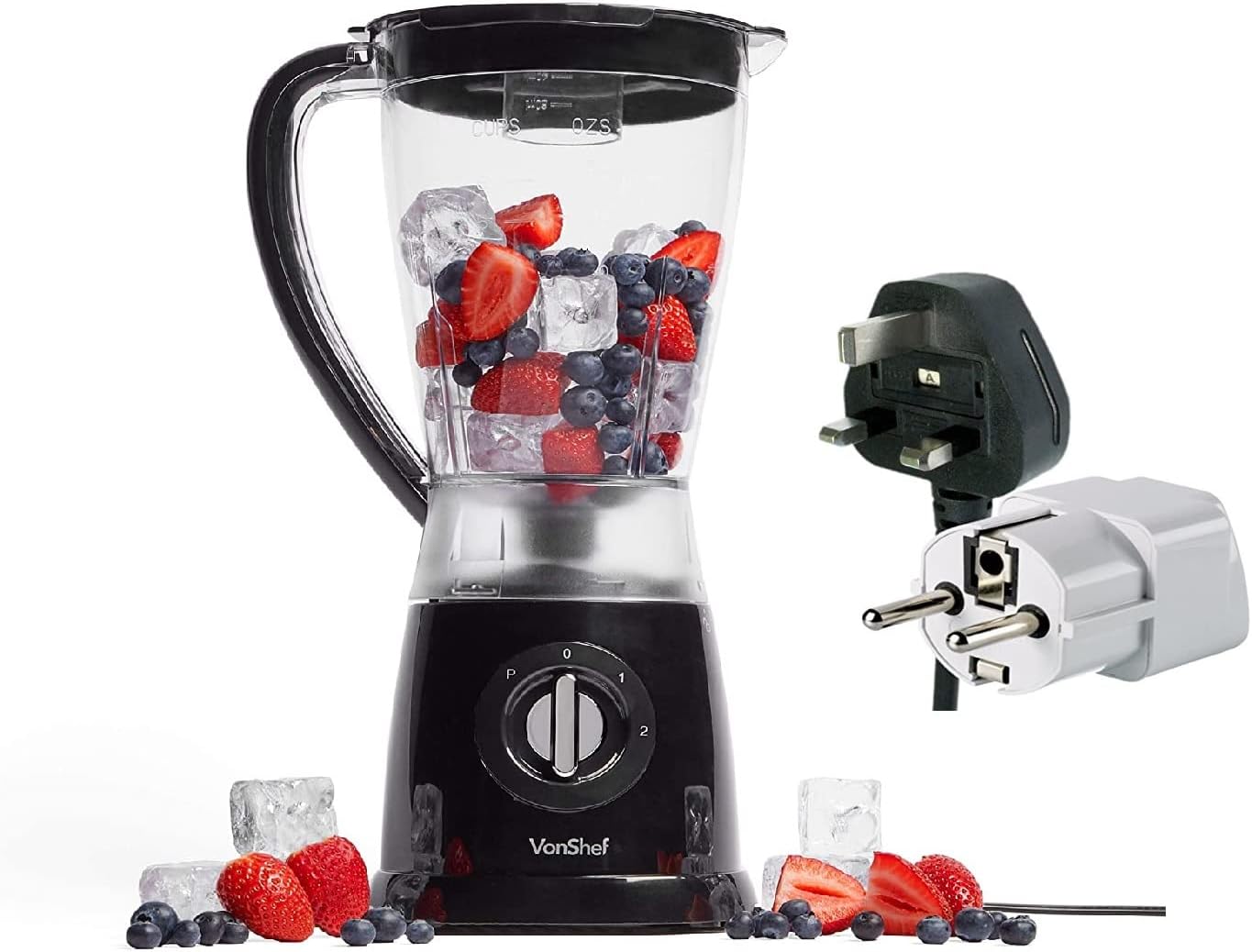 Vonshef 220 Volt Blender-500 Watts-1.5L-Blender, Juicer, Smoothie Maker with 2 Speed Settings & Pulse Function Bundle With Dynastar Plug Adapter (NOT FOR USE IN USA)