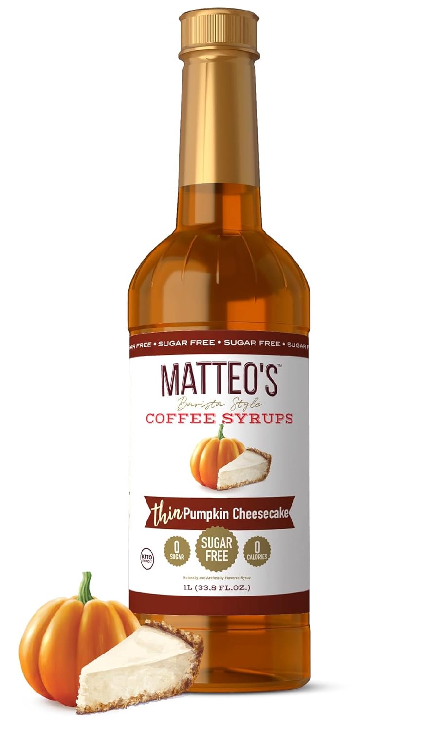 Matteo's Barista Style Sugar-Free Coffee Syrup, Pumpkin Cheesecake Flavor, Zero Calories and Sugar, Keto Friendly, Ideal for Lattes, Cappuccinos, Espresso, Americano, Indulgent Taste 33.8 Oz, 1-Pack