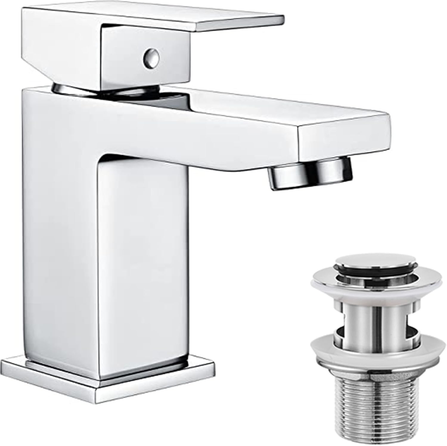 Hapilife Basin Taps Square with Pop up Waste Bathroom Sink Mixer Taps with UK Standard Hoses, Single Lever Hot and Cold Basin Mixer Tap for Bathrooms