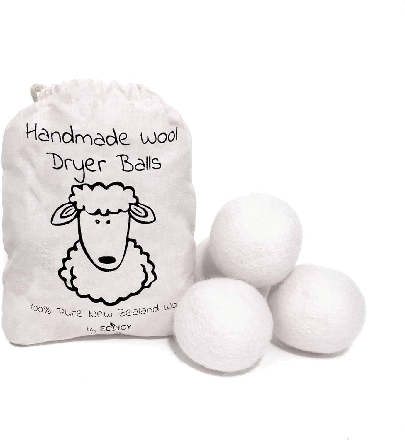 Wool Dryer Balls XL 4-Pack - 100% Pure New Zealand Wool, Ecoigy Natural Fabric Softener, Reduces Wrinkles & Drying Time, Ideal for Essential Oils, Dryer Sheets Alternative,Dryer Balls Laundry Reusable