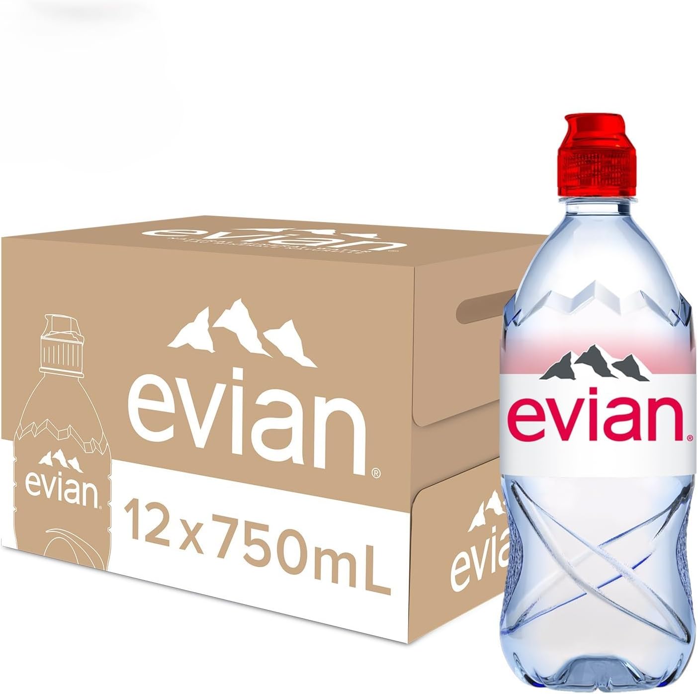 Evian Natural Mineral Water 750ml Sports Cap (Pack of 12 x 75cl) | Naturally Filtered Drinking Water, Crafted by Nature, Water Bottle