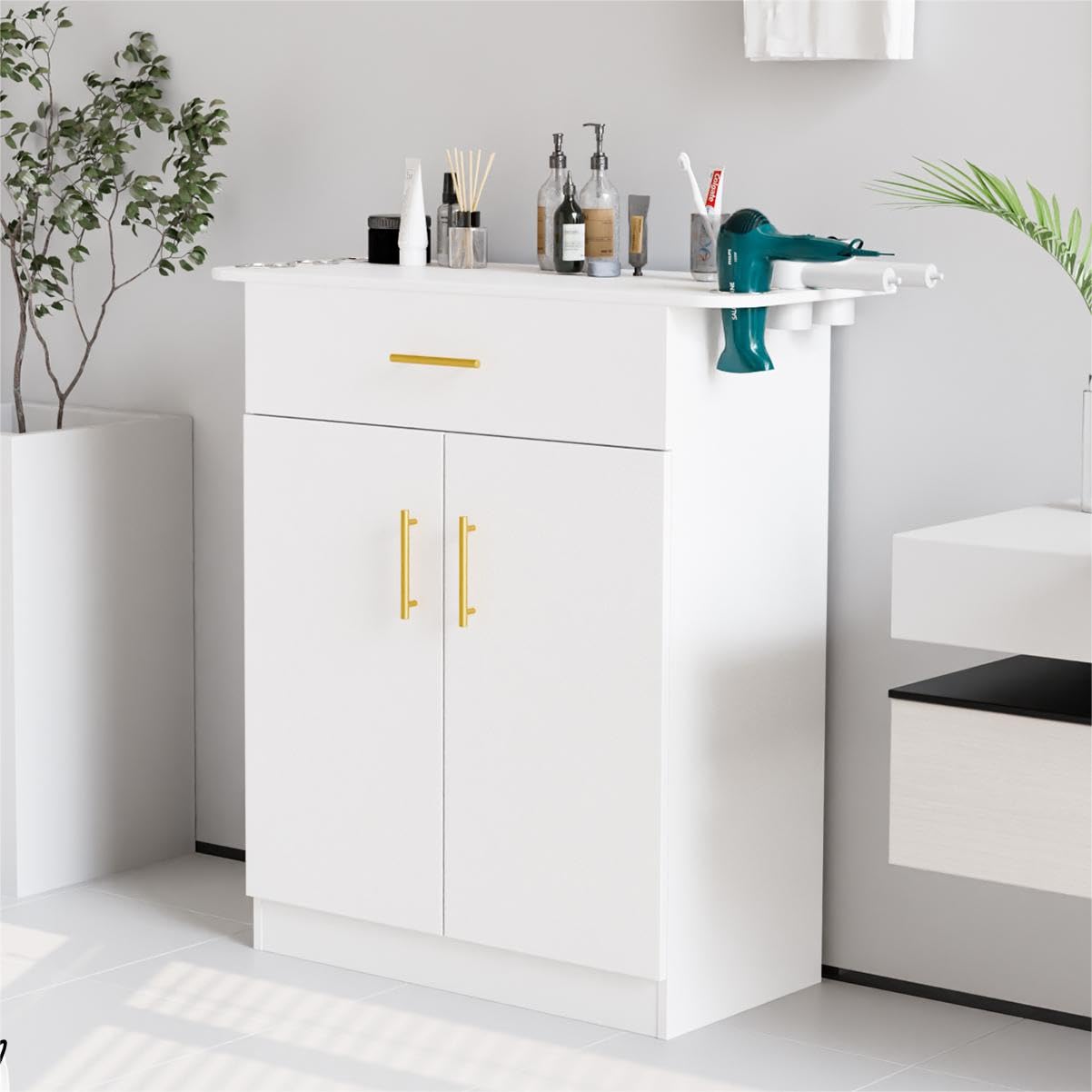 OmySalon Salon Station Barber Storage Cabinet, Free Standing Beauty Hair Stations, Beauty Salon Spa Equipment Hair Styling Utility Unit with 1 Drawers, 1 Storage Cabinet, 6 Hair Dryer Holders, White