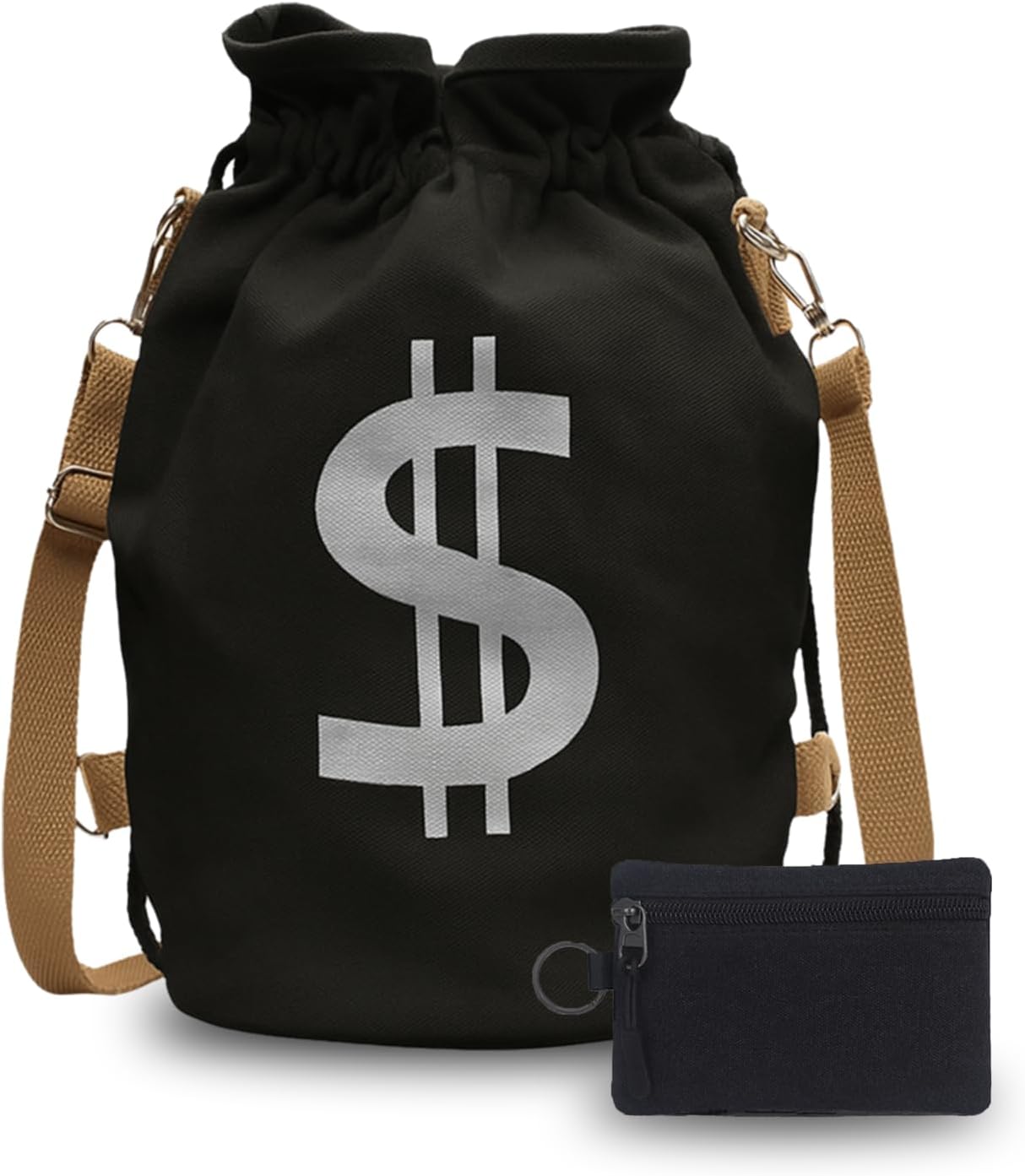 Canvas Drawstring Backpack with Coin pouch, Large Money Dollar Sign Bucket Rucksack, Lightweight Sport Bags (Deep Black)