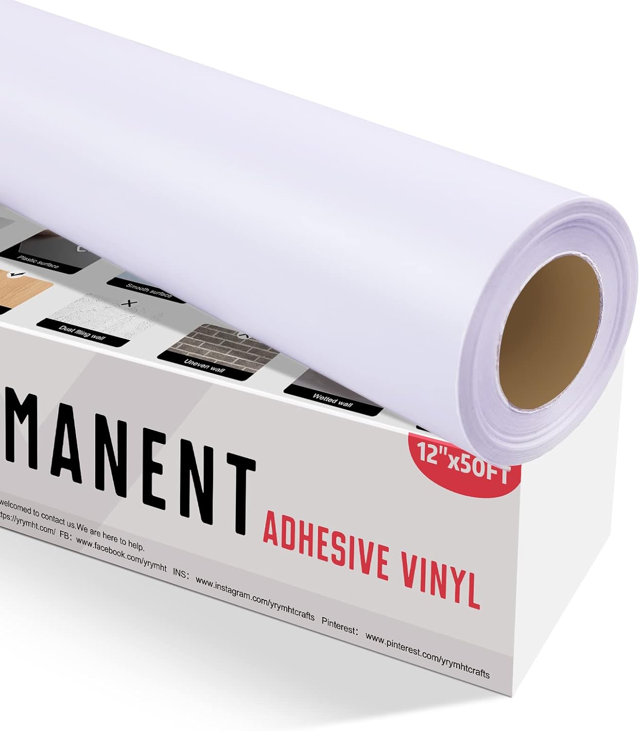 YRYM HT White Permanent Vinyl Roll – 12”x50FT Matte White Permanent Adhesive Vinyl Rolls Compatible with Cricut Cutting Machine, Silhouette and Cameo Cutters
