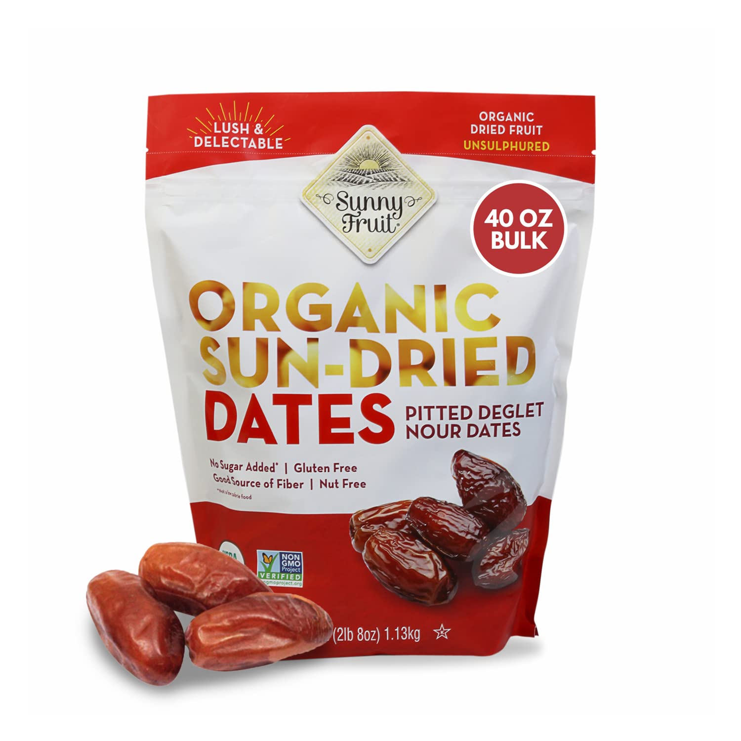 Sunny Fruit Organic Dried Pitted Deglet Nour Dates, 2.5 Pound Bulk Bag | No Preservatives, No Sugar Added | Healthy, Sweet Snack | ORGANIC, NON-GMO, VEGAN, HALAL, KOSHER