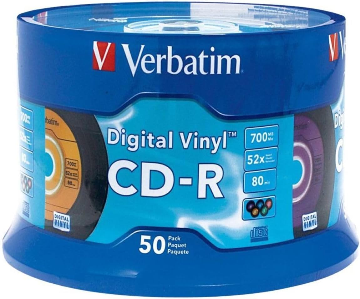 Verbatim CD-R Blank Discs 700MB 80min 52X Recordable Disc for Data and Music with Digital Vinyl Surface - 50pk Spindle Blue/Green/Orange/Pink/Purple