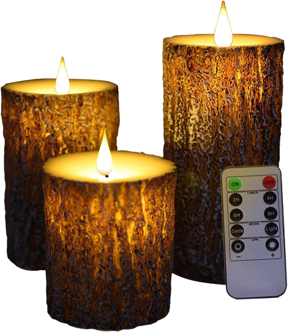 NICEME LED Pine Bark Flameless Candles Set of 3 Real Wax Battery Operated Candles Flickering Teardrop Wick Electric Decorative Pillar Bark Candles with Remote Timer, D3 x H4 5" 6"