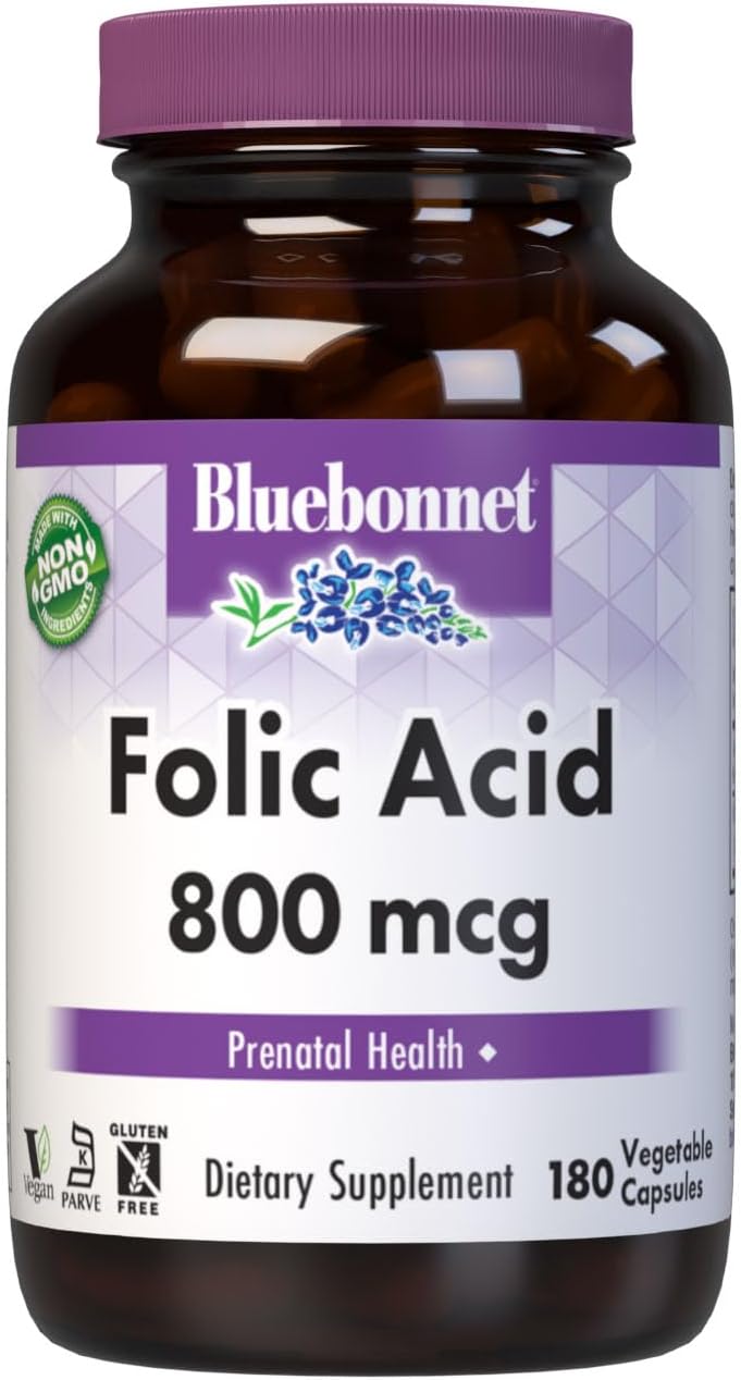 BlueBonnet Nutrition Folic Acid 800mcg, Healthy Neurological Development, Soy, Dairy & Gluten Free, Non-GMO, Kosher Certified, Vegan, Vegetable Capsules, 180 Count