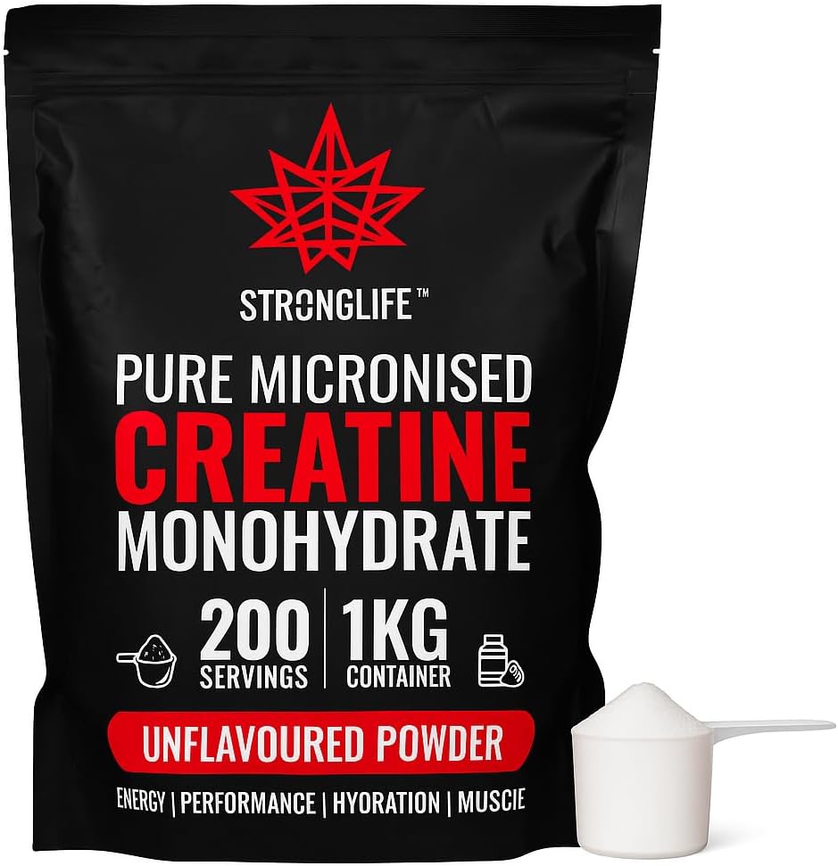 Creatine Monohydrate Powder by Stronglife - 1000 Grams (1kg), 200 Servings at 5 Grams, Micronised, Pure 200 Mesh, Unflavoured - Enhances Muscle Performance Power & Recovery (1000 Grams (1kg))