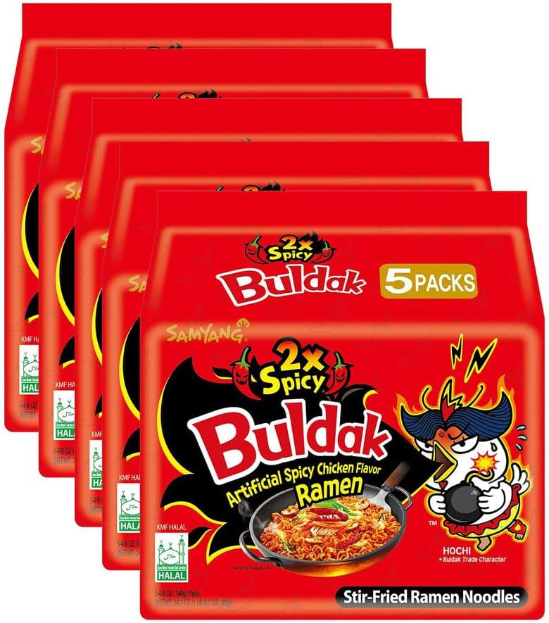 Samyang Chicken Ramen Noodles (140 x 5) Gram - Instant Korean Style Spicy Flavour - Quick & Delicious Instant Chewy Noodles (Pack of 5, Samyang 2xSpicy Noodles)