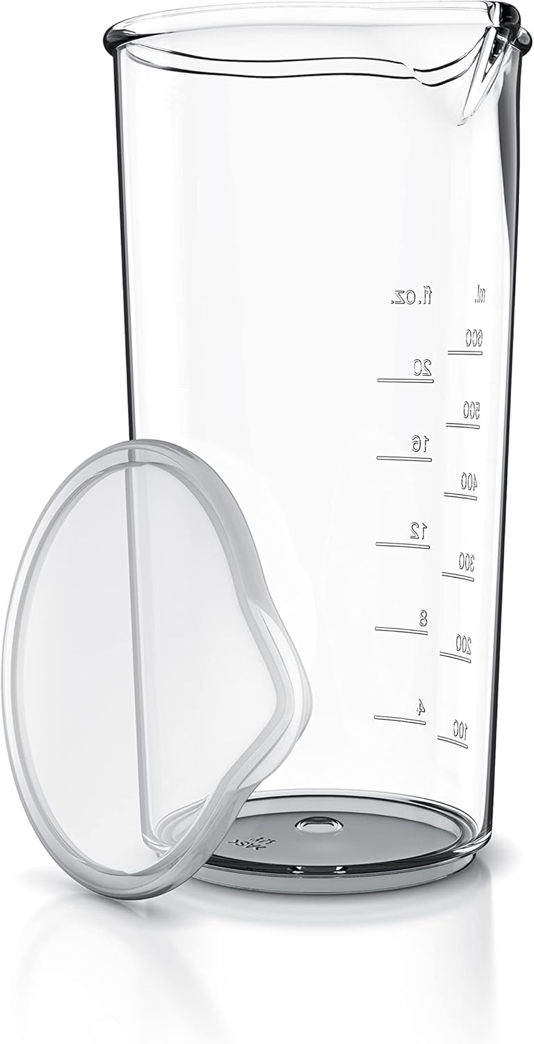 Arendo - Measuring jug 600 ml with Measurements displayed, Mixing Jug, Blender Beaker with lid, 20 oz, Transparent Measuring Cup, Ideal for Hand Blender and Handheld Milk frother, Plastic
