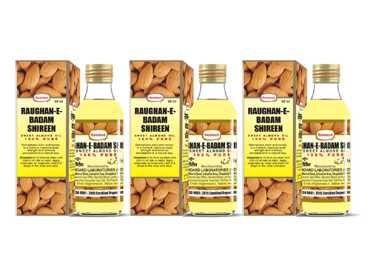 Hamdard Roghan Badam Shirin Almond Oil 50ml (Pack of 3) – Pure, sweet almond oil for health, hair, and skin care