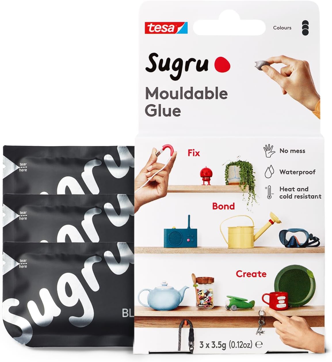 Sugru by tesa - Moldable Multi-Purpose Glue for Creative Fixing and Making, Black, 3 Piece