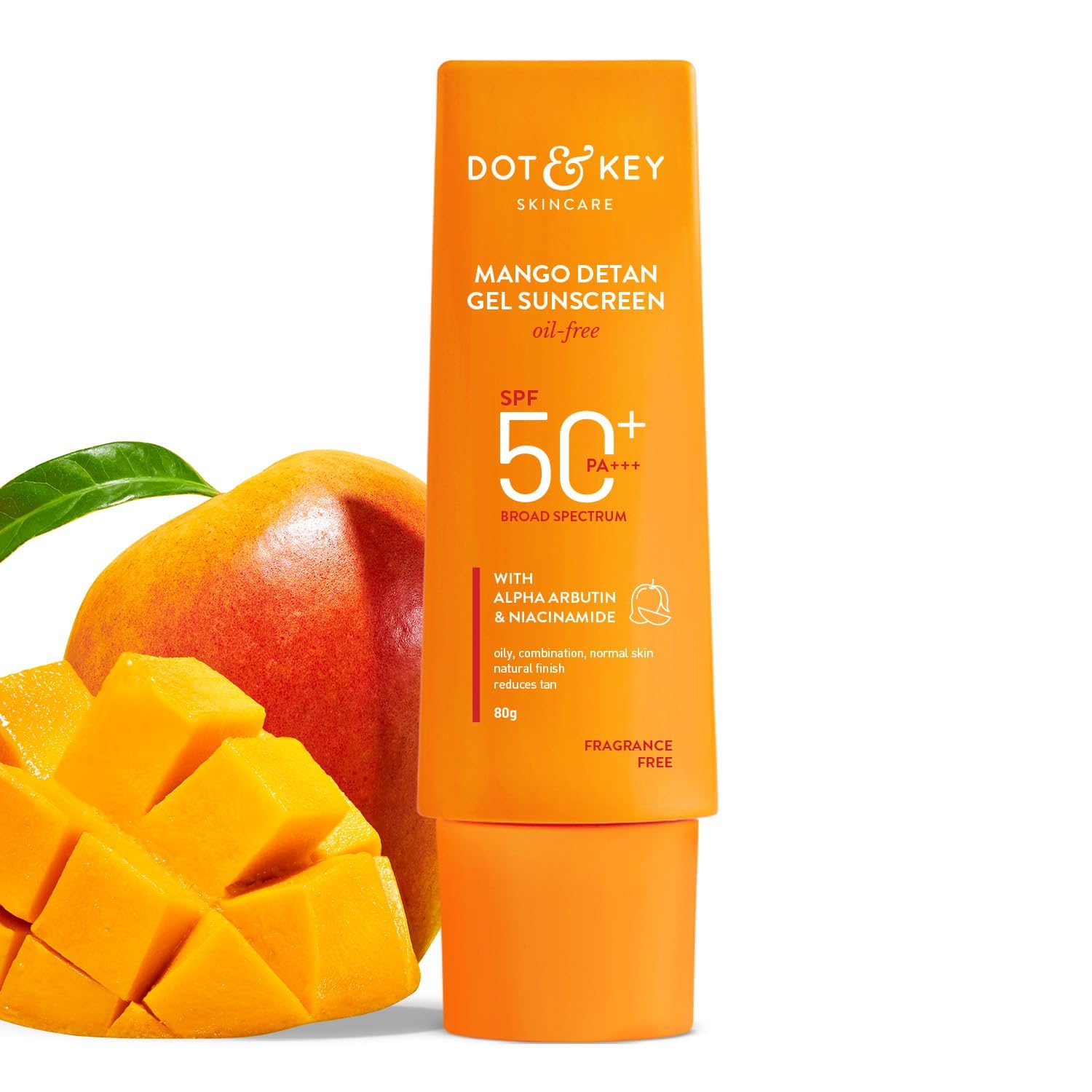 Dot&Keey's Mango Detan Gel Sunscreen SPF 50+ PA+++, Oil-Free, with Alpha-Arbutin, Niacinamide, Water Resistant, for All Skin Types, 80g