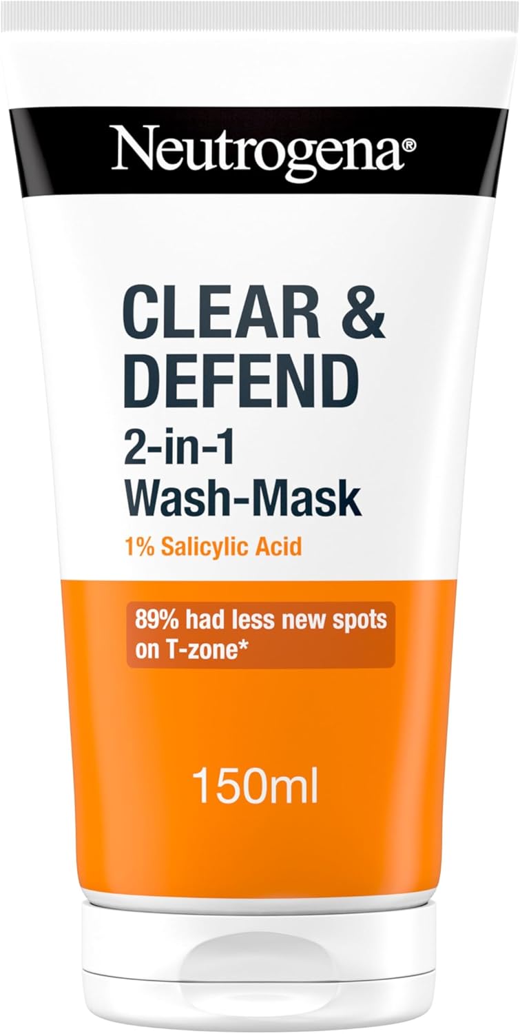 Neutrogena Clear & Defend 2 in 1 Wash-Mask (1x 150ml), Purifying Face Wash and Clay Mask for Oily, Spot-Prone Skin, Face Wash Mask with 1% Salicylic Acid for Clearer Skin and to Help Prevent Breakouts