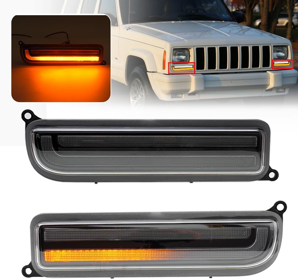 2PCS Sequential LED Front Turn Signal Lights for 1997-2001 Jeep Cherokee XJ - Amber LED Bumper Signals, White Parking, Front Corner Side Marker Lamps - OEM Replacement 55055142 Clear Lens