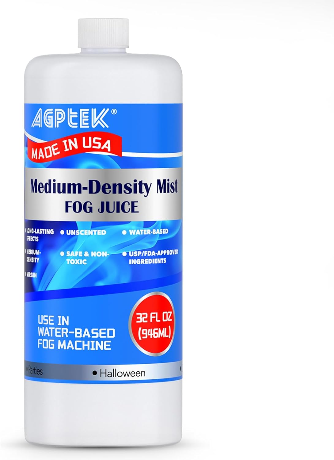 AGPTEK 32oz Fog Machine Liquid, Long-Lasting Medium Density Fog Juice for 400-1500 Watt Foggers,Water-Based Fog Liquid,Thick Atmosphere, Ideal for Indoor and Outdoor Venues Made in USA
