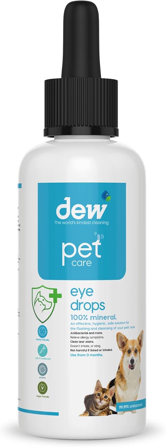 DEW Pet Eye Drops 65ml | Allergy Friendly Treatment for Gunky, Dry or Swollen Eyes in all Pets | 100% Natural Antibacterial Eye Drops for Dogs & Cat Eye Drops | Antifungal Cat or Dog Eye Wash