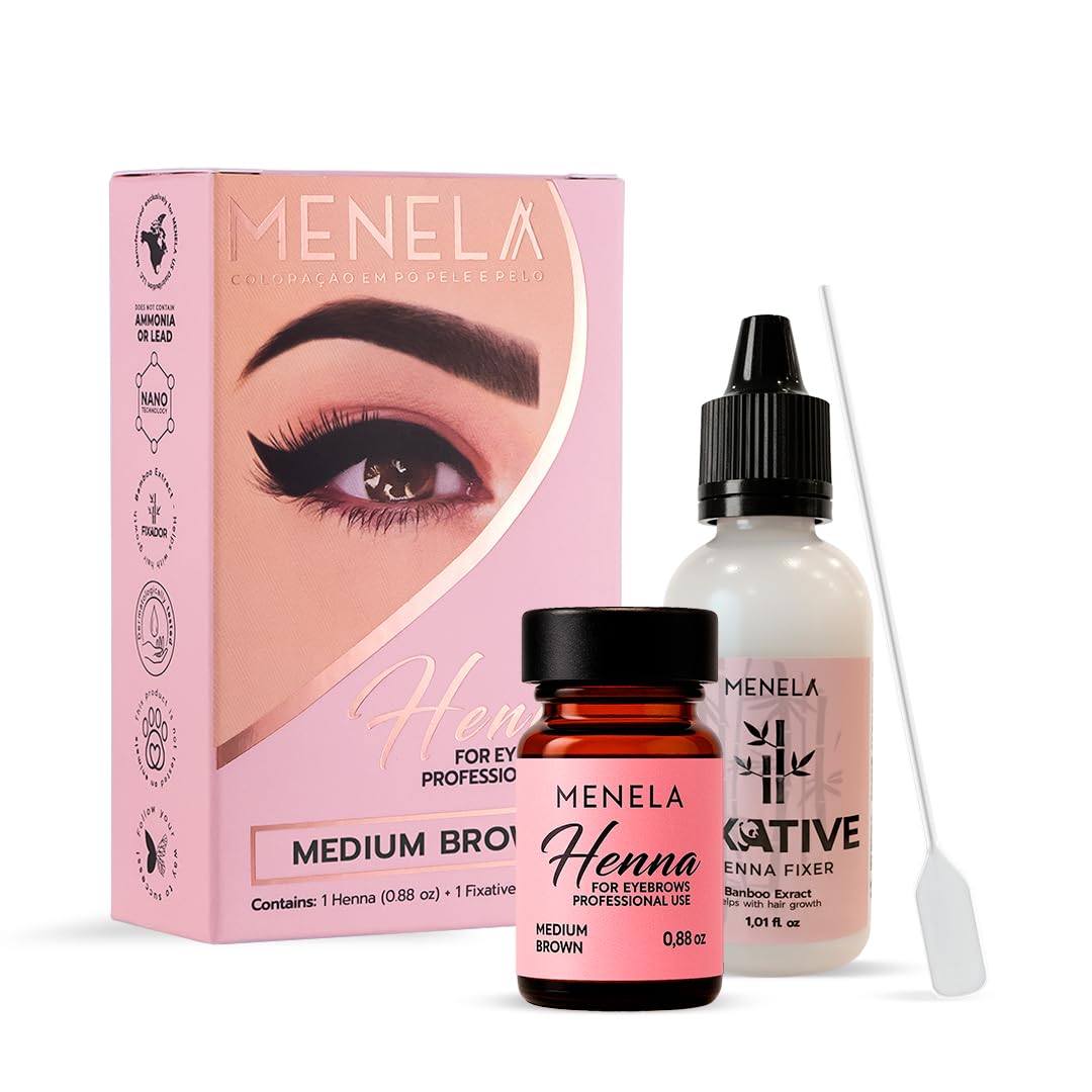 MENELA Eyebrow Henna Tint Kit – Medium Brown – Up to 60 Applications, DIY & For Professional Use, 2.5g Henna + 15ml Fixer, Bamboo Extract, Easy At-Home Brows, Ammonia-Free, Vegan