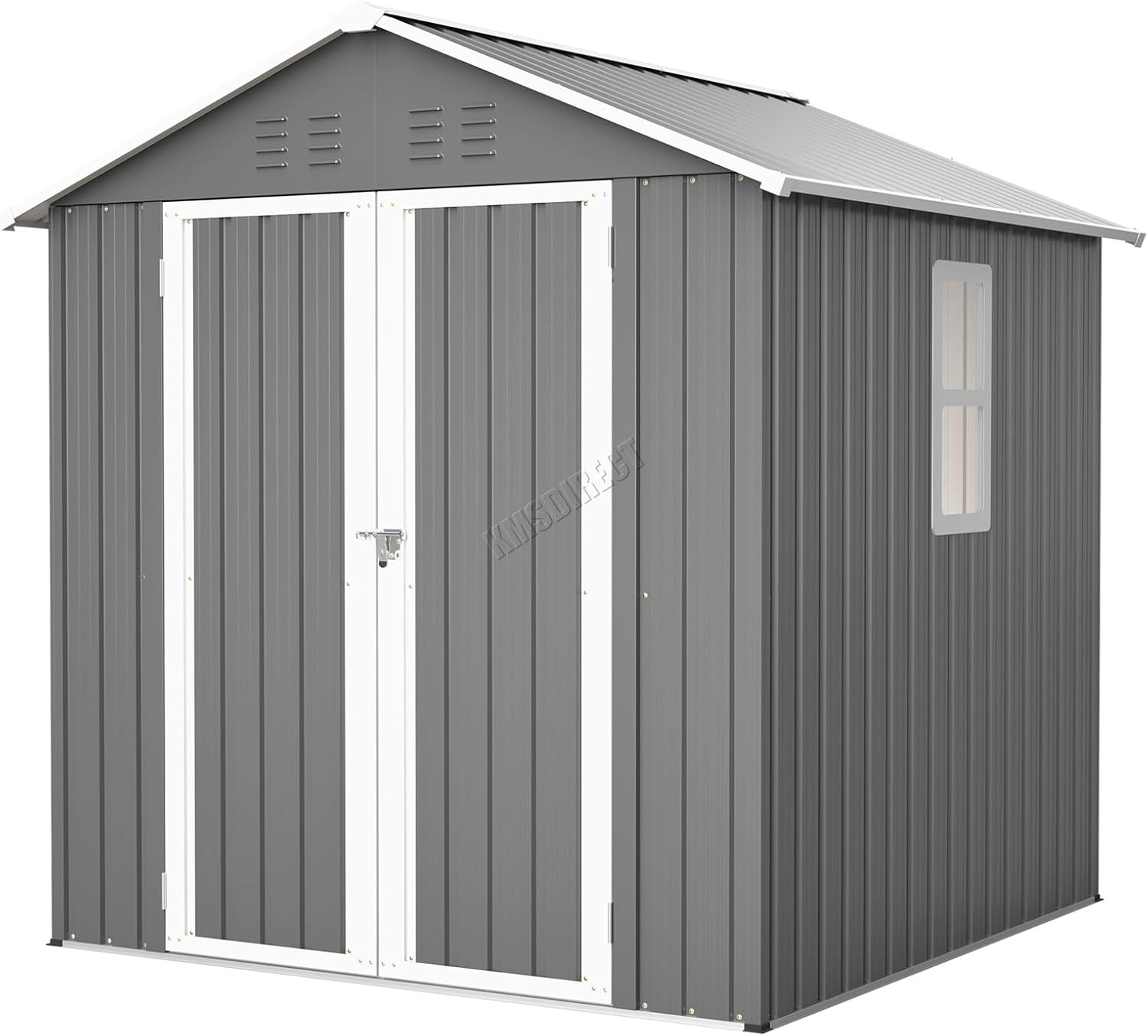 BIRCHTREE Garden Shed Steel Apex Roof House Outdoor Backyard Storage With Lockable Double Doors Window Free Foundation Tool Equipment Organizer Air Vents 6x6FT Grey