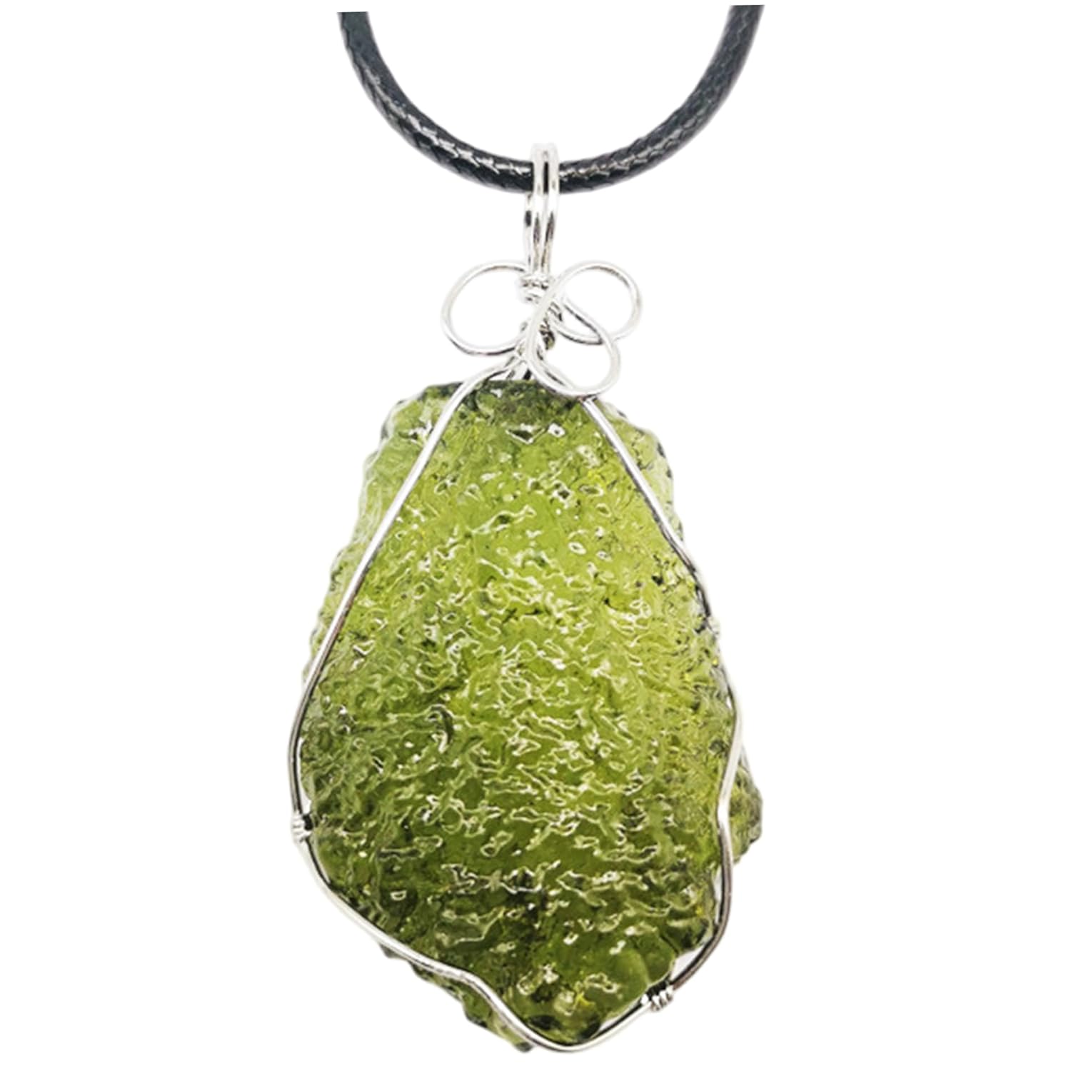 Moldavite Necklace, Green Irregular Healing Crystal Meteorite Necklace with Metal Support and Leather Rope