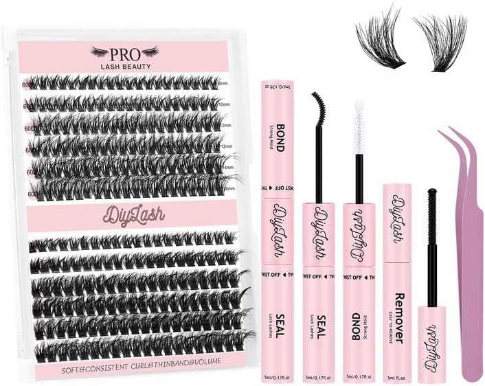 240 Pcs Cluster lashes Kit with 3D Lash Clusters Lash Bond and Seal Lash Tweezers Lash Remover Easy to Apply at Home (60D+80D-D-8-16mix Kit)