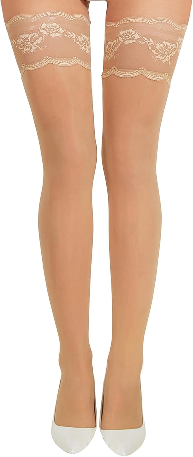 EVELIFE Hold Up Stockings for Women, Silky Thigh High Stockings Semi-Sheer with Lace Top Band and Anti-Skid Silicone