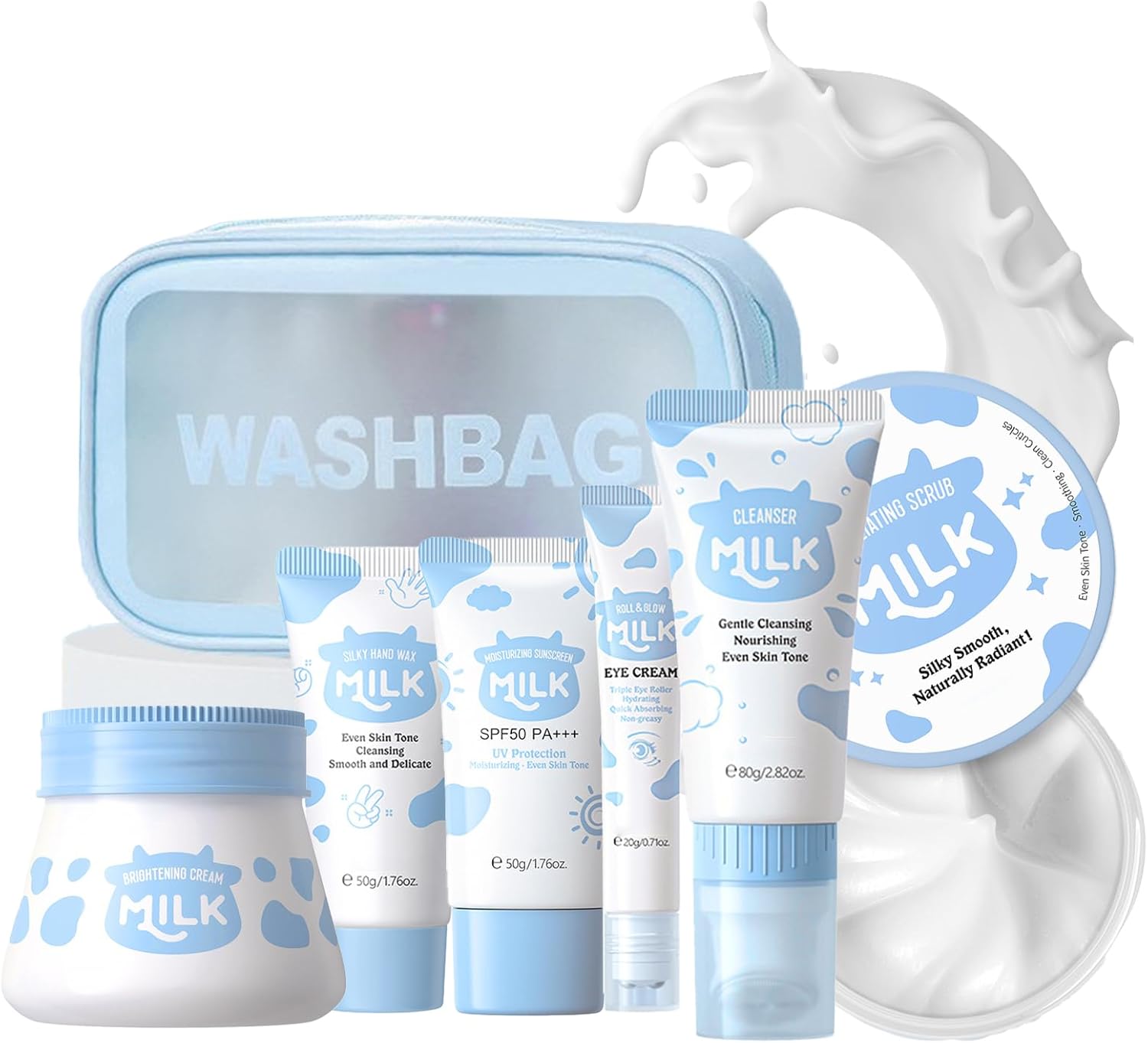 7PCS Milk Skincare Set -Mothers Day Gifts -Gifts For Teenage Girls - Skin Care Sets & Kits With Cleanser,Eye Cream,Exfoliating Scrub, Sunscreen,Hand Wax,Brightening Cream - Gifts for Her