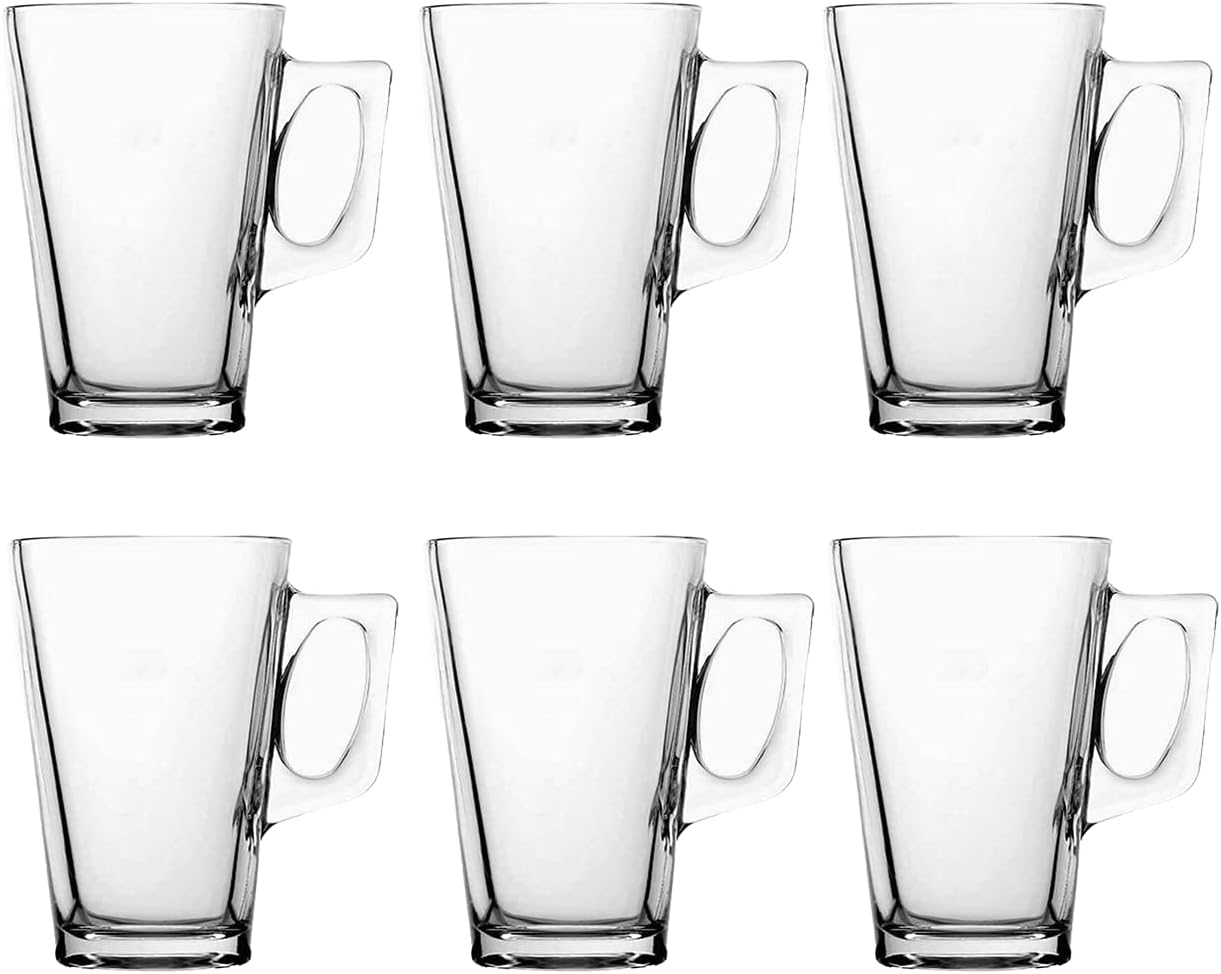 Straame - Set of 6 Latte Glasses, 240 ml Temperature Resistant - Stylish Coffee/Tea Cups, Hot Drink Cafe Mugs - Ideal for Ice Cream Latte, Espresso, Cappuccino & Hot Chocolate -Mugs with Handle