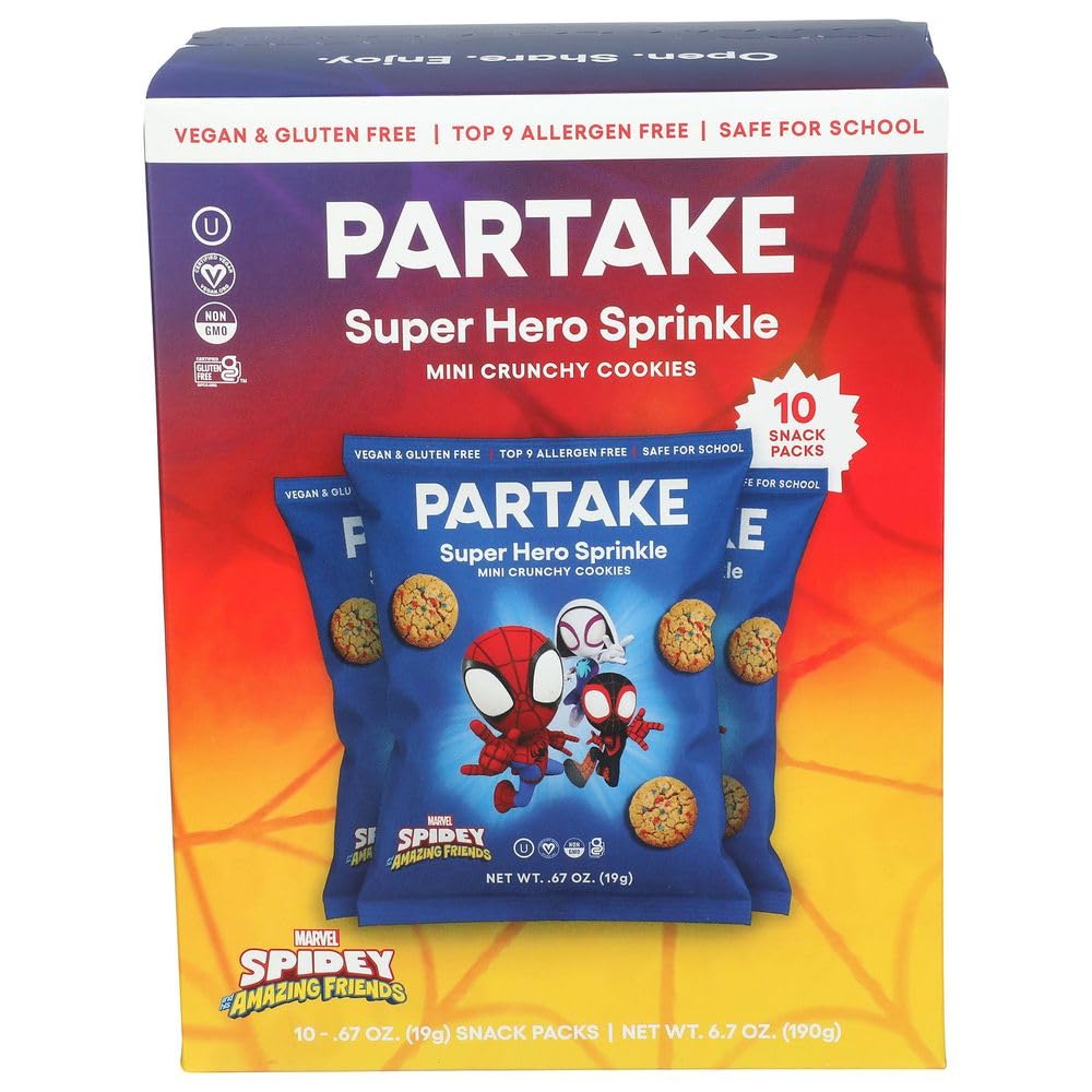 Partake Gluten Free Super Hero Spidey & Friends Sprinkle Cookies - Vegan - Free From the Top 9 Allergens Including Dairy, Wheat, Soy, Eggs, & Peanuts - Non GMO - Safe School & Office Snack (10 Packs, 0.67 oz)