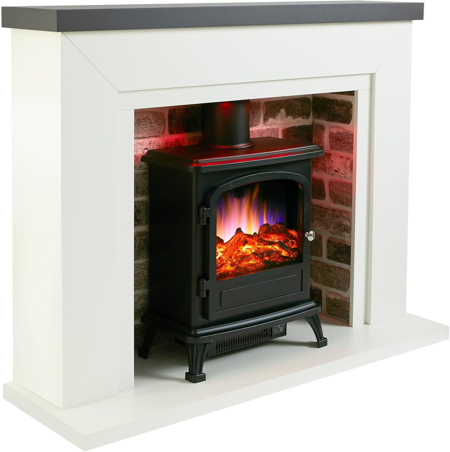 Endeavour fires Farlington Electric Fireplace, Black Log Burner Stove in 48'' Off White Surround, LED Downlights with Remote Control (Grey Top/Grey Brick)