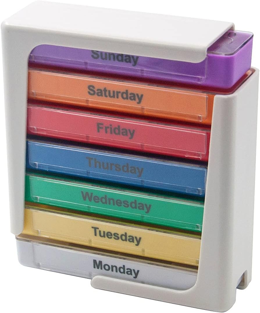 Pill Organiser, Weekly Pill Organizer, 1 Dispenser, 7 Stackable Compartments Four Times-a-Day - Morning, Noon, Evening, and Bedtime， Travel Portable Medicine Container for Kid Men Women Elderly