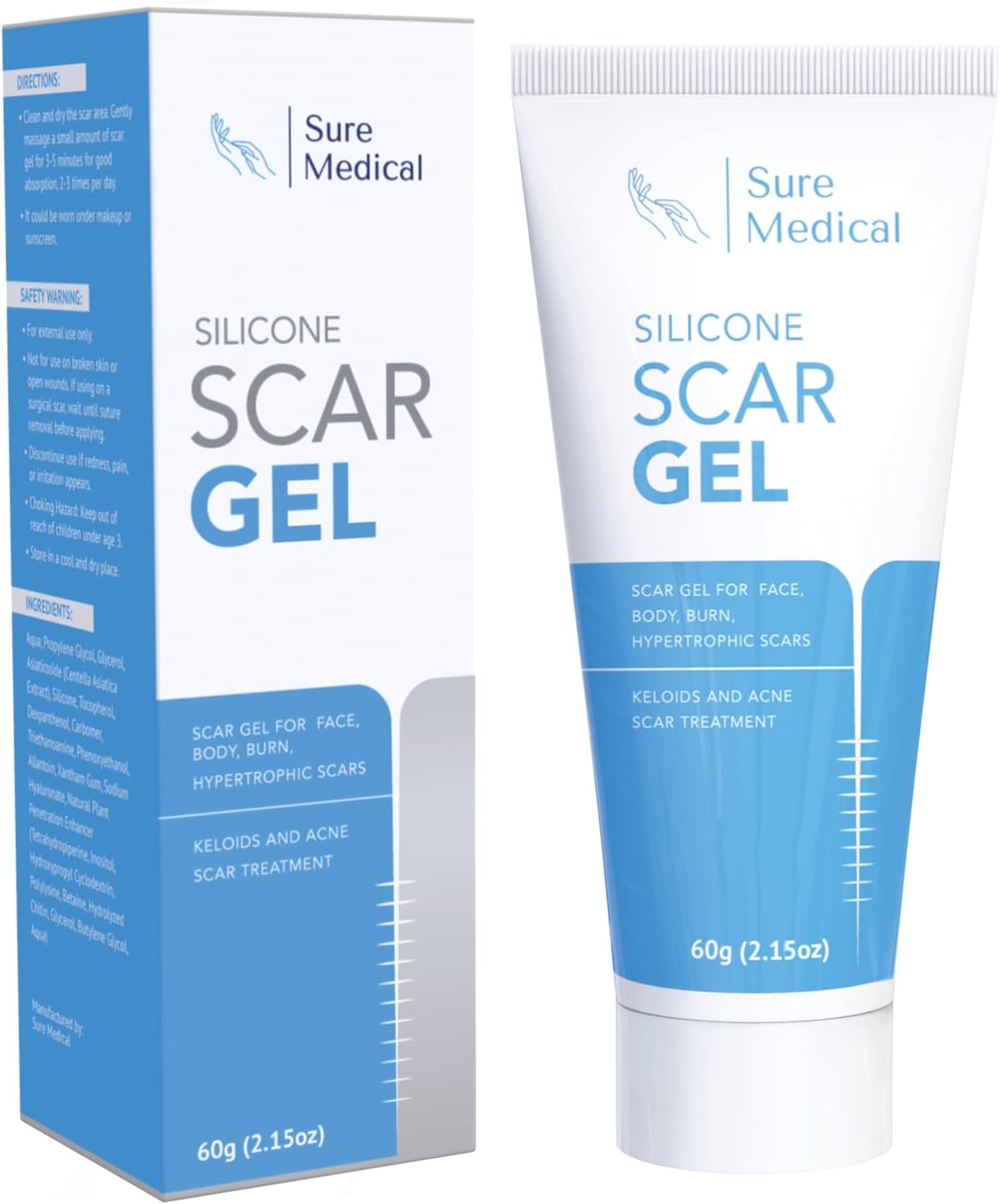 Sure Medical Advanced Silicone Scar Gel – Large 60g Scar Cream for Scar Removal – Ideal for Keloid Scar, Acne Scar, New and Old Scars – Safe Non-Greasy Formula – Scar Remover