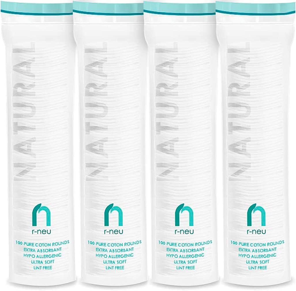 R-Neu Premium [Turkish] Cotton Rounds, 400 Count, Stitched, Waffle Textured, 100% Pure & Natural Cotton Pads for Face, Hypoallergenic Makeup Remover (4 Pack of 100)