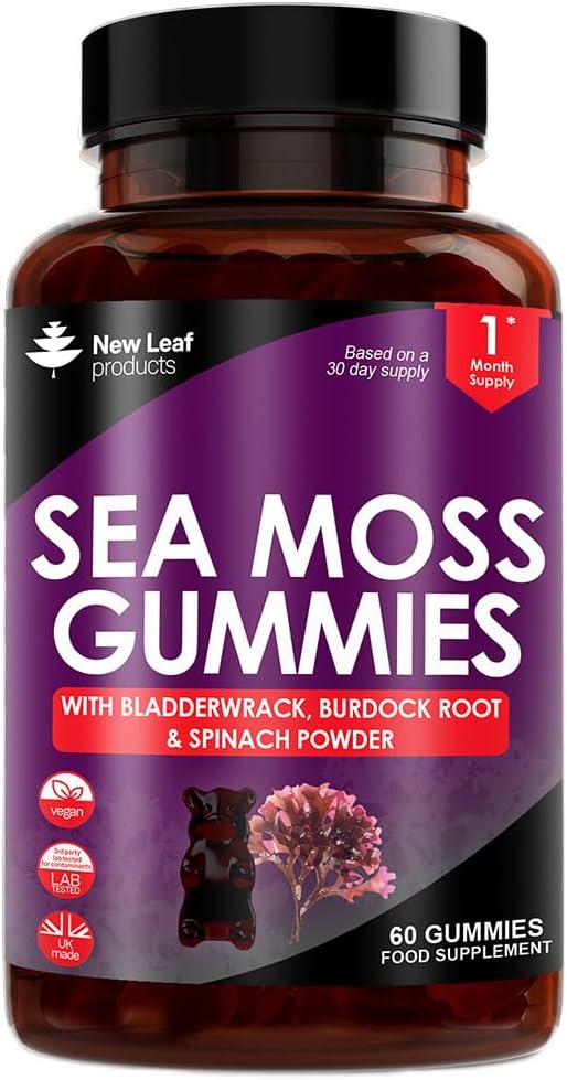 Sea Moss Gummies - Enriched with Irish Sea Moss, Burdock Root and Bladderwrack - High Strength 3000mg Vegan Vitamin Gummies - Seamoss Gummies Made in UK by New Leaf 60 Gummys