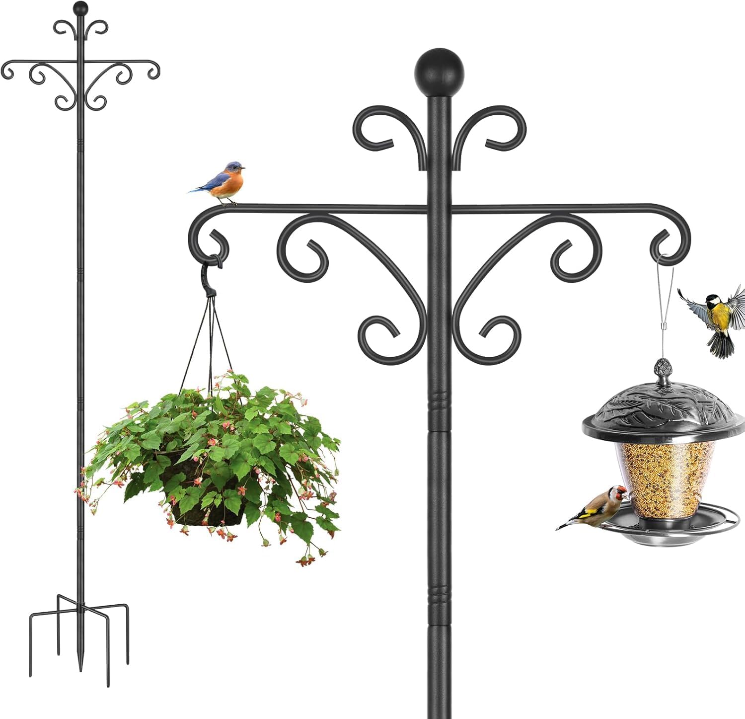 Bird Feeders Hanging Station, 196cm Bird Feeder Poles, Free Standing Feeding Station Stand for Garden, Heavy Duty Metal Double Shepherds Hooks Crooks for Solar Lights,Baskets , Black, 1 Pack