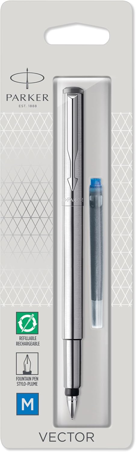 Parker Vector Fountain Pen | Stainless Steel with Chrome Trim | Medium Nib | Blue Ink | Hangtab