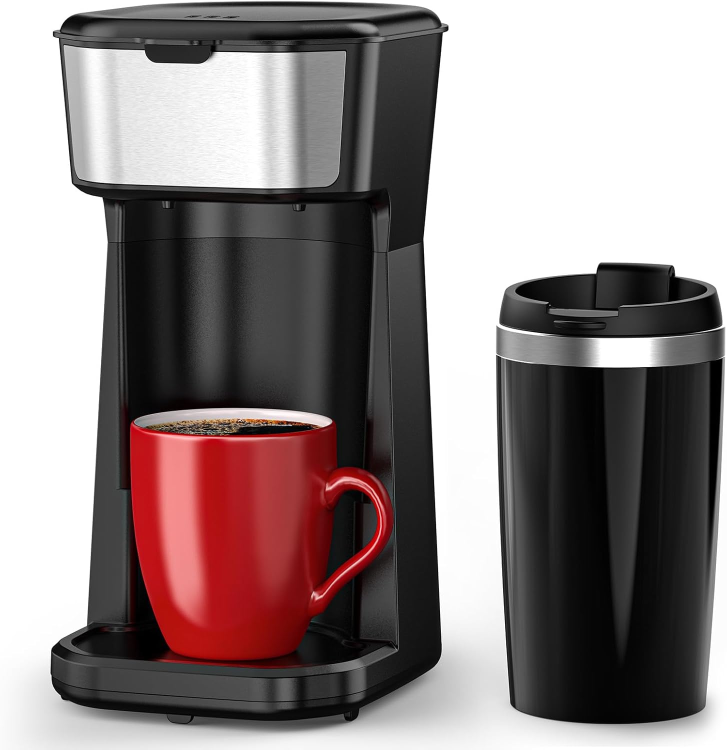 Personal Single Serve Coffee Maker - Quick Brew with Grounds and Tea Bags (Not Compatible with K-Cups), Includes 14oz Travel Mug, One-Touch Operation