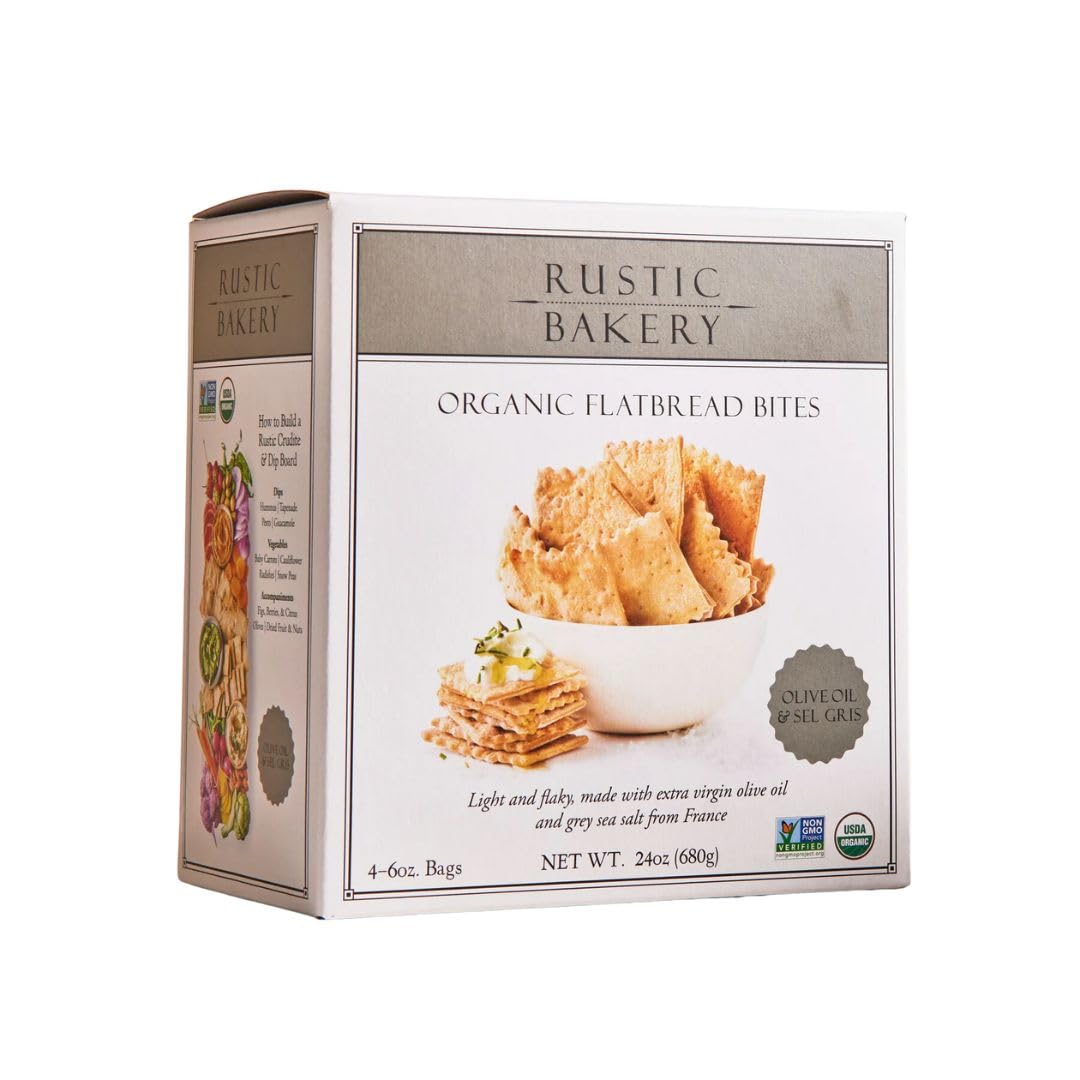 Rustic Bakery Handmade Sourdough Flatbread Cracker Bites - Olive Oil & Sel Gris - Sea Salt Charcuterie Crackers for Cheese Platters or Snacking - Made in California - Pack of 4, 6 Oz Bags